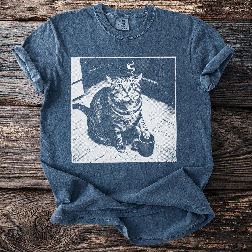 Blue t-shirt with a graphic of a smoking cat holding a coffee cup.