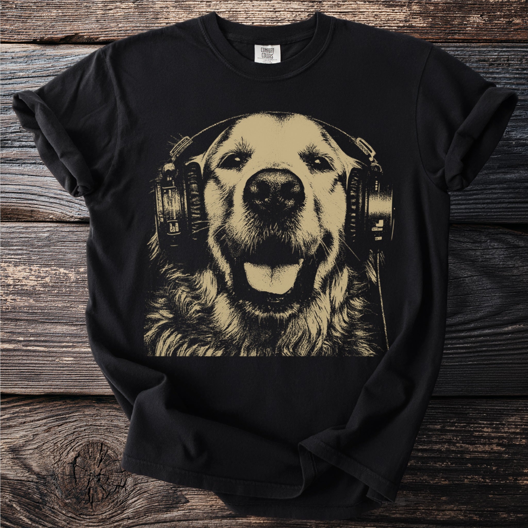 Black t-shirt with a distressed golden graphic of a dog wearing headphones.