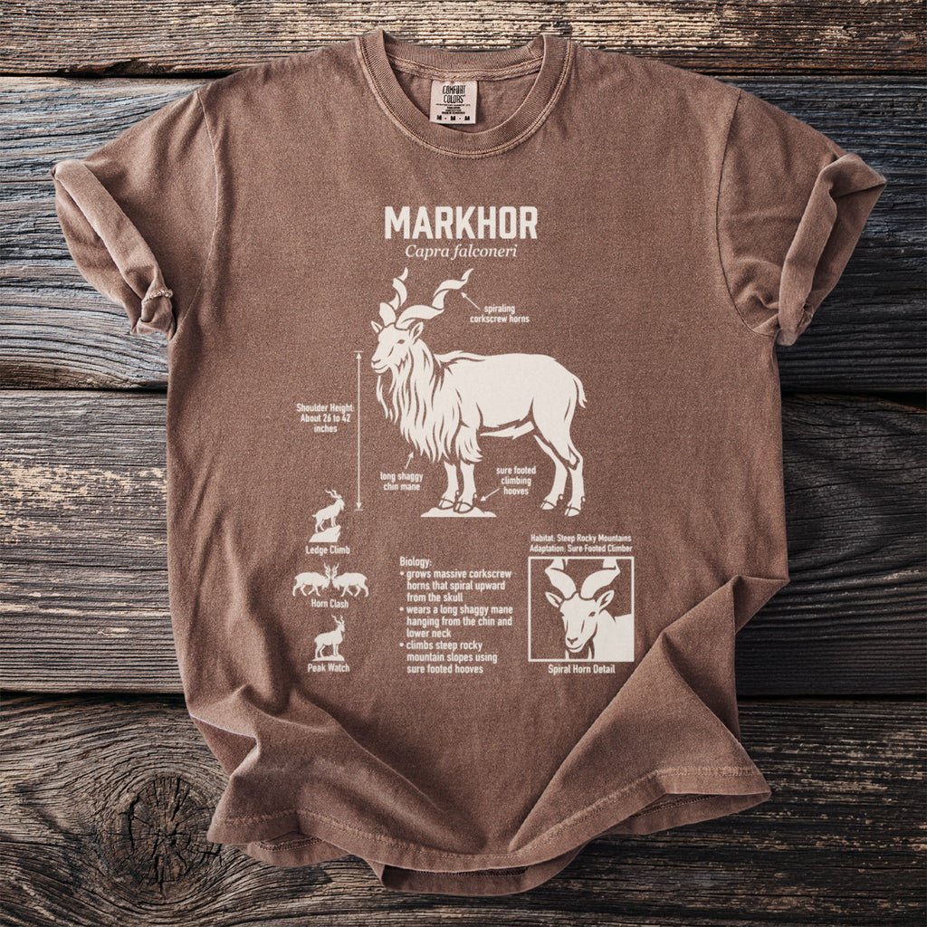 Brown t-shirt featuring Markhor goat illustration with biological details and text descriptors.