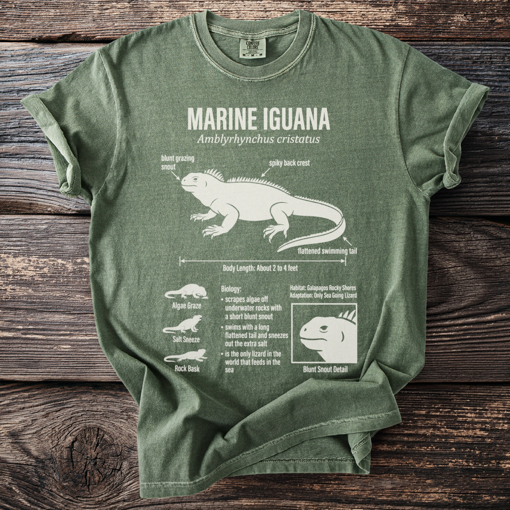 Green t-shirt with a white diagram and text about the Marine Iguana.