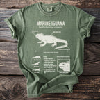 Green t-shirt with a white diagram and text about the Marine Iguana.