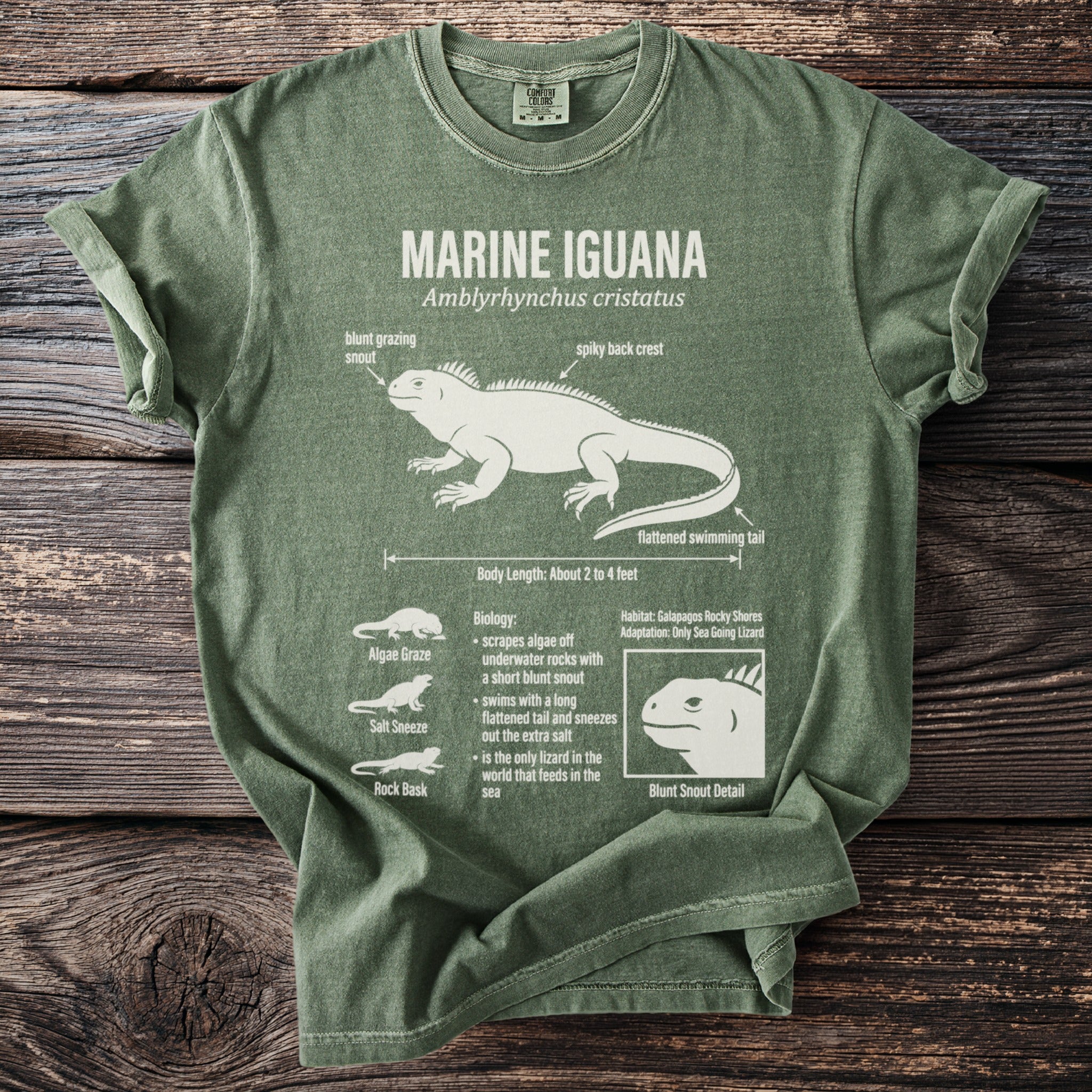 Green t-shirt with a white diagram and text about the Marine Iguana.