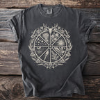 Dark gray t-shirt with a central circular design featuring a deer skull, sun, and seasonal imagery.