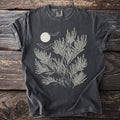 Dark gray t-shirt with a white graphic of a tree, moon, and bats.