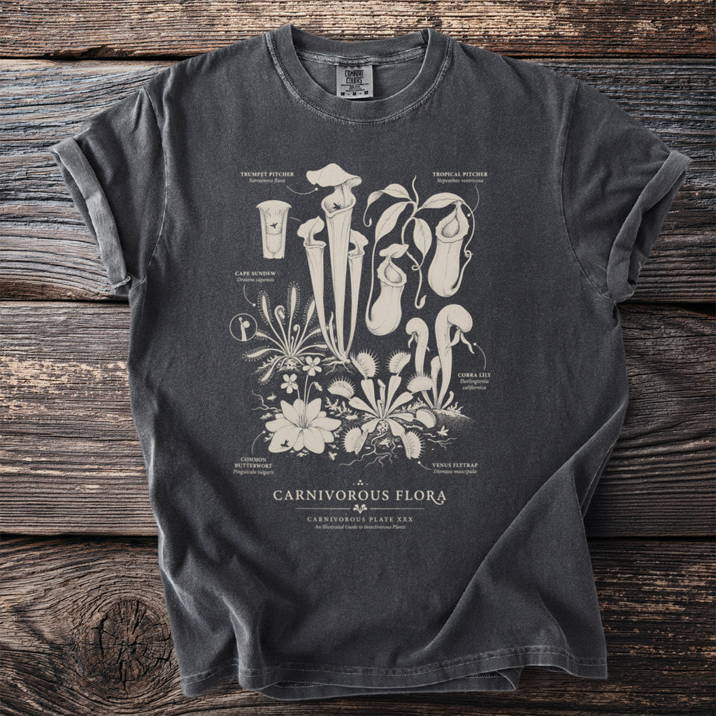 T-shirt with botanical illustrations of carnivorous plants titled "Carnivorous Flora".