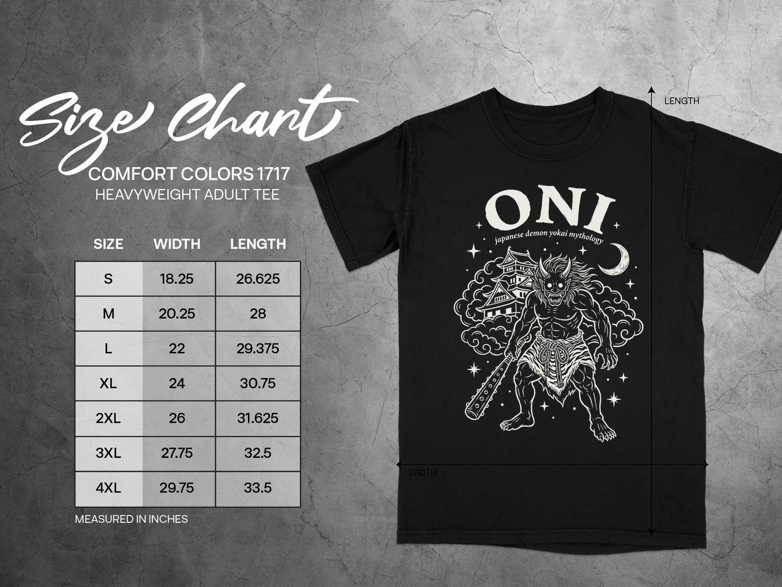 Comfort Colors 1717 heavyweight adult tee size chart with Oni demon graphic.
