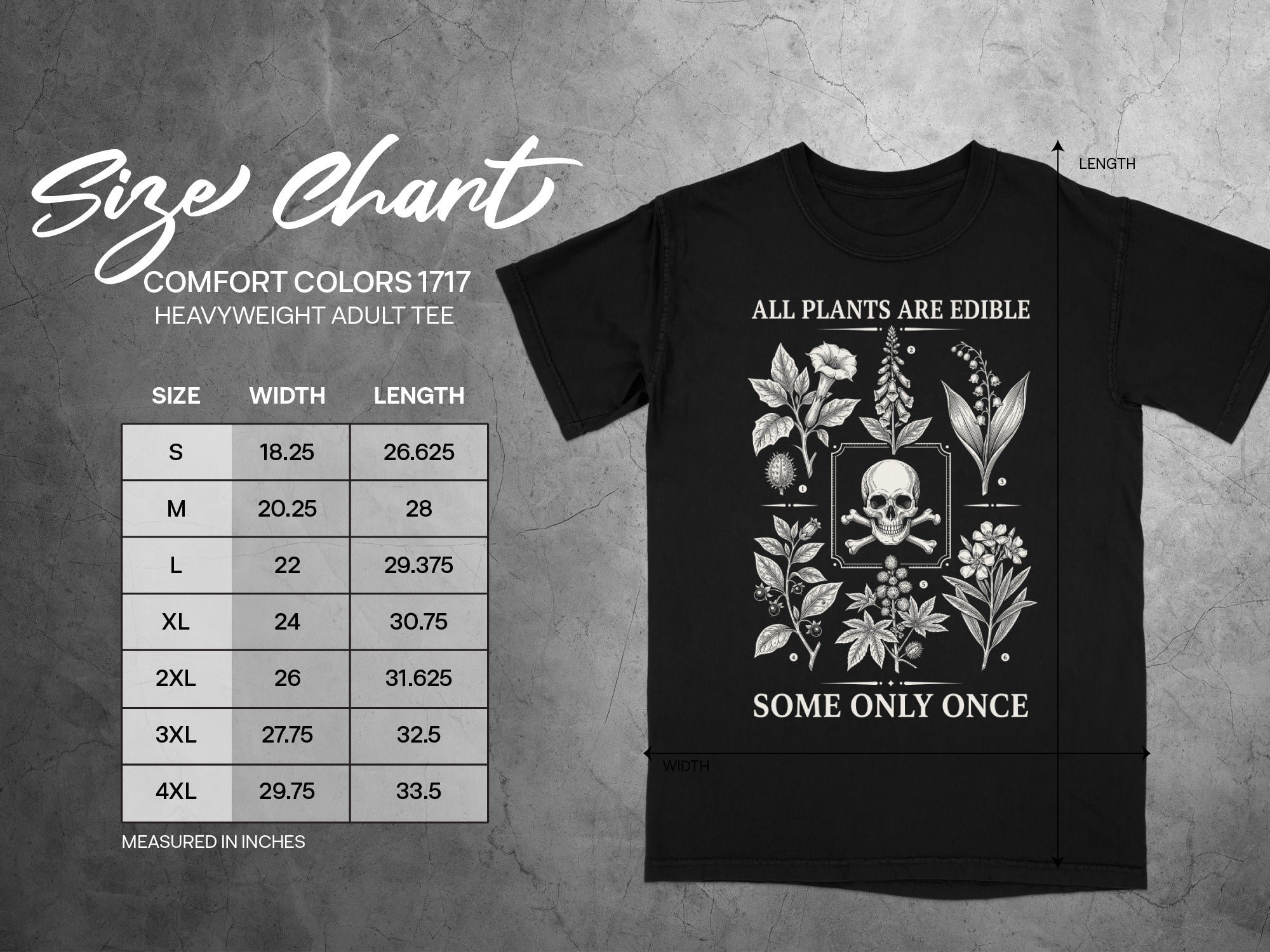 Black t-shirt with size chart and skull with plants graphic, "ALL PLANTS ARE EDIBLE SOME ONLY ONCE".