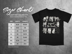 Black t-shirt with sketch of big cats and text "respect the locals" and size chart.