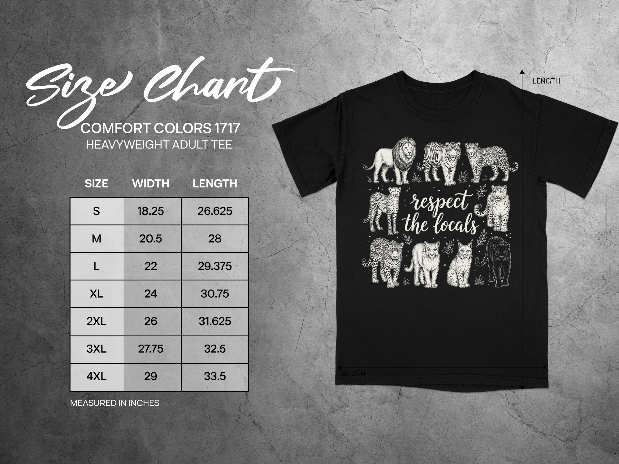Black t-shirt with sketch of big cats and text "respect the locals" and size chart.