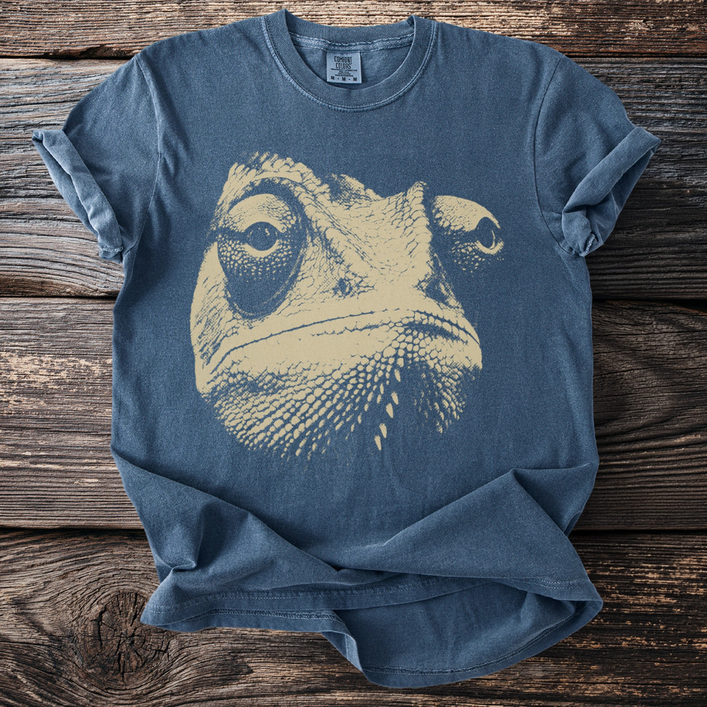 Blue t-shirt with a tan chameleon graphic and "Comfort Colors" tag.