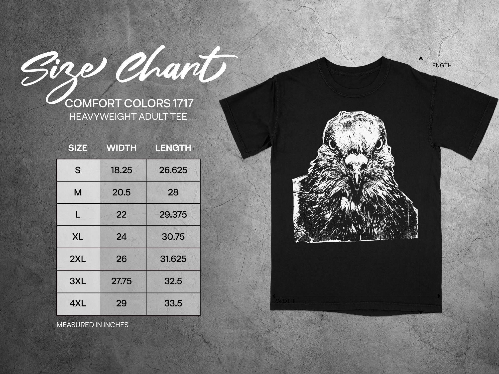 Comfort Colors 1717 Heavyweight Adult Tee size chart with measurements in inches.