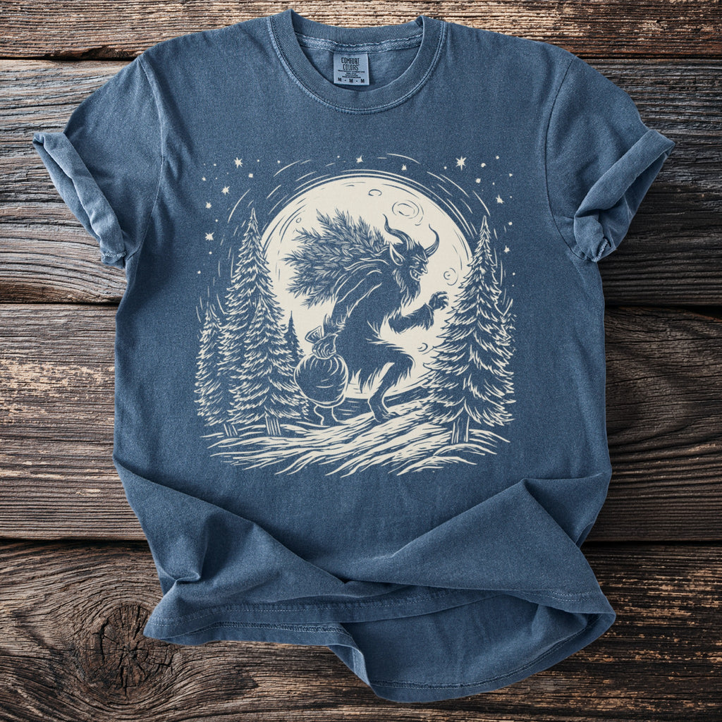 Krampus carrying a sack and pine branches through a snowy moonlit forest.
