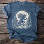 Krampus carrying a sack and pine branches through a snowy moonlit forest.
