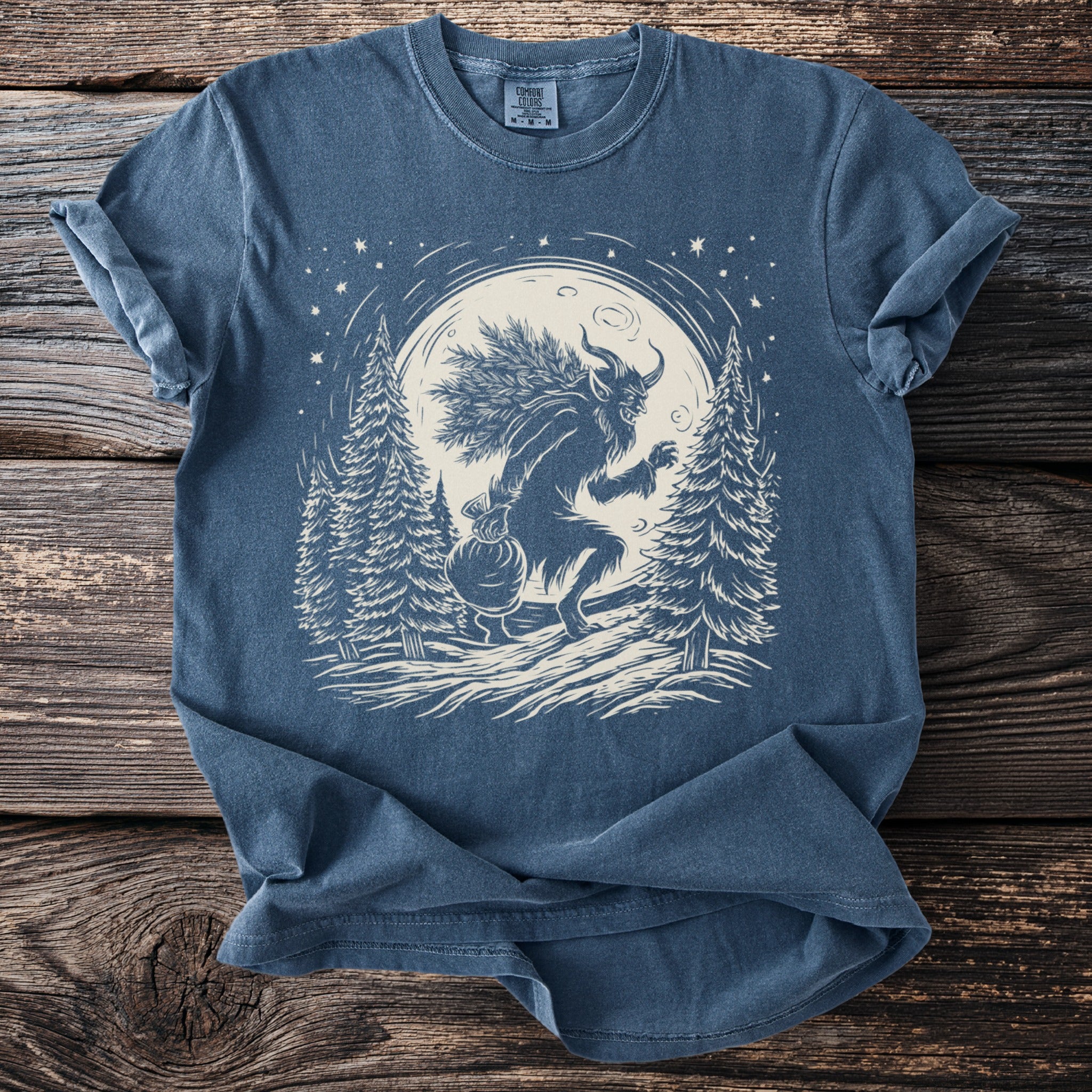 Krampus carrying a sack and pine branches through a snowy moonlit forest.