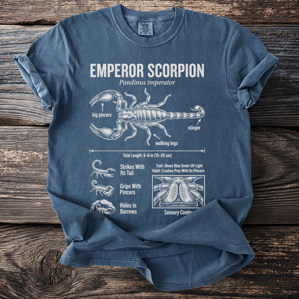 Emperor scorpion Pandinus imperator diagram showing anatomy, size, and traits.