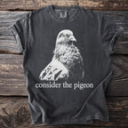 Dark grey t-shirt with white pigeon graphic and "consider the pigeon" text.