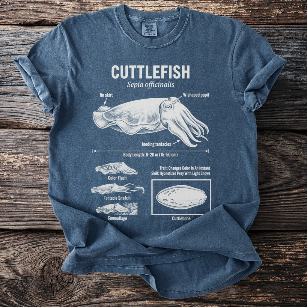Blue t-shirt with cuttlefish anatomy diagram including W-shaped pupil and fin skirt.