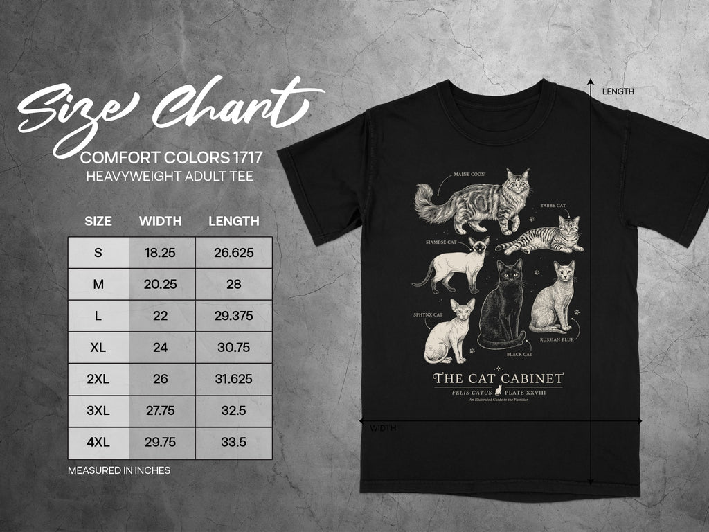 Comfort Colors 1717 heavyweight adult tee size chart with cat illustrations.