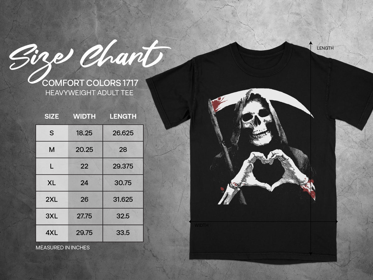 Comfort Colors 1717 heavyweight adult tee size chart with width and length measurements in inches.
