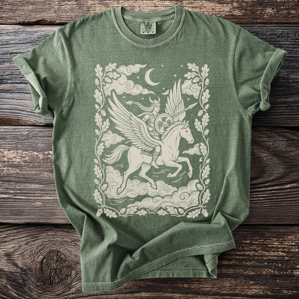 Green t-shirt with a winged female warrior riding a horse, framed by oak leaves.