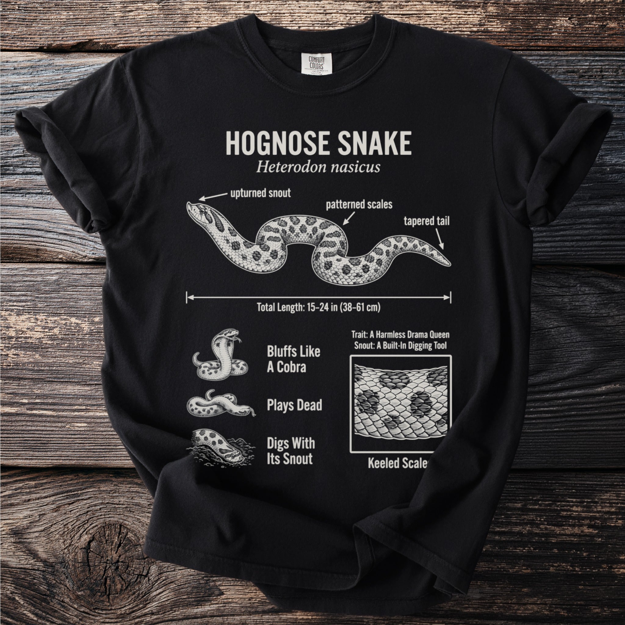 Black t-shirt featuring a diagram and facts about the Hognose Snake.