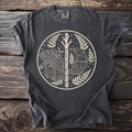 Dark grey t-shirt featuring a circular design with a moth, raven, and runes on a tree.