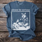 Blue t-shirt with white text "please be serious" above a wolf graphic.