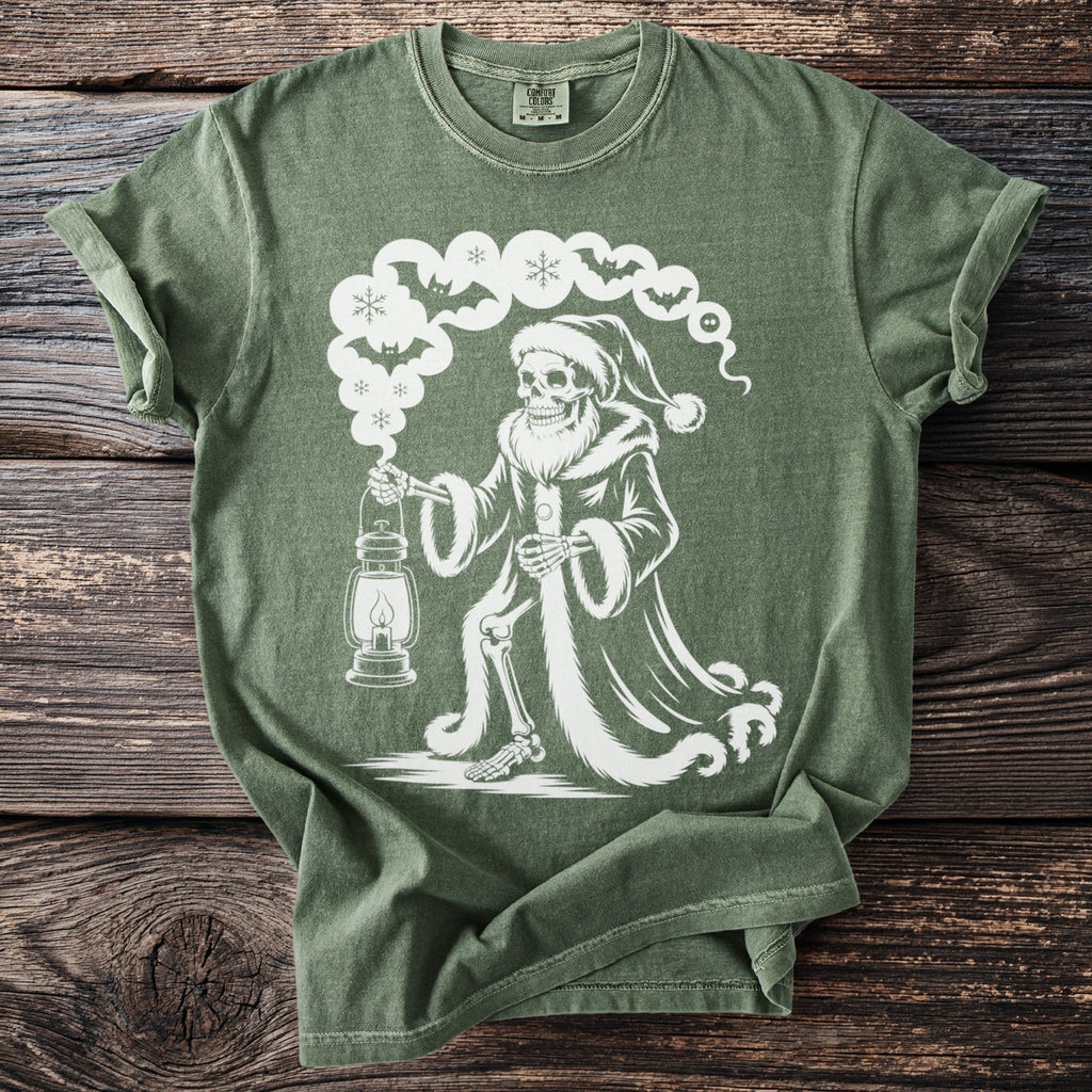Skeleton in Santa hat, fur coat, holding lantern, surrounded by bats and snowflakes.