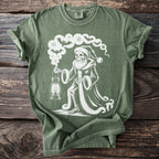 Skeleton in Santa hat, fur coat, holding lantern, surrounded by bats and snowflakes.