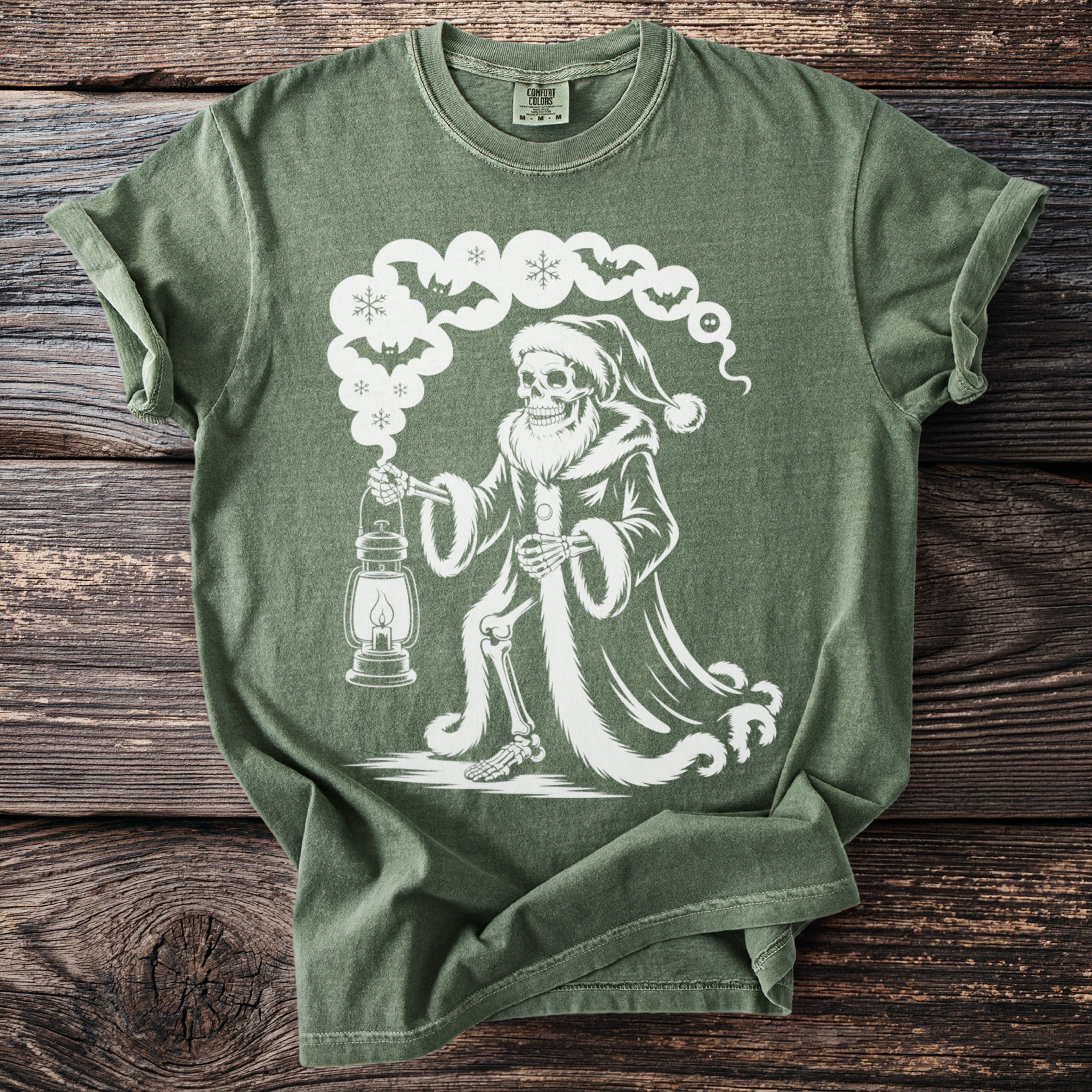Skeleton in Santa hat, fur coat, holding lantern, surrounded by bats and snowflakes.