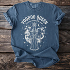 Blue t-shirt with Voodoo Queen design, featuring Louisiana hoodoo folk magic text.