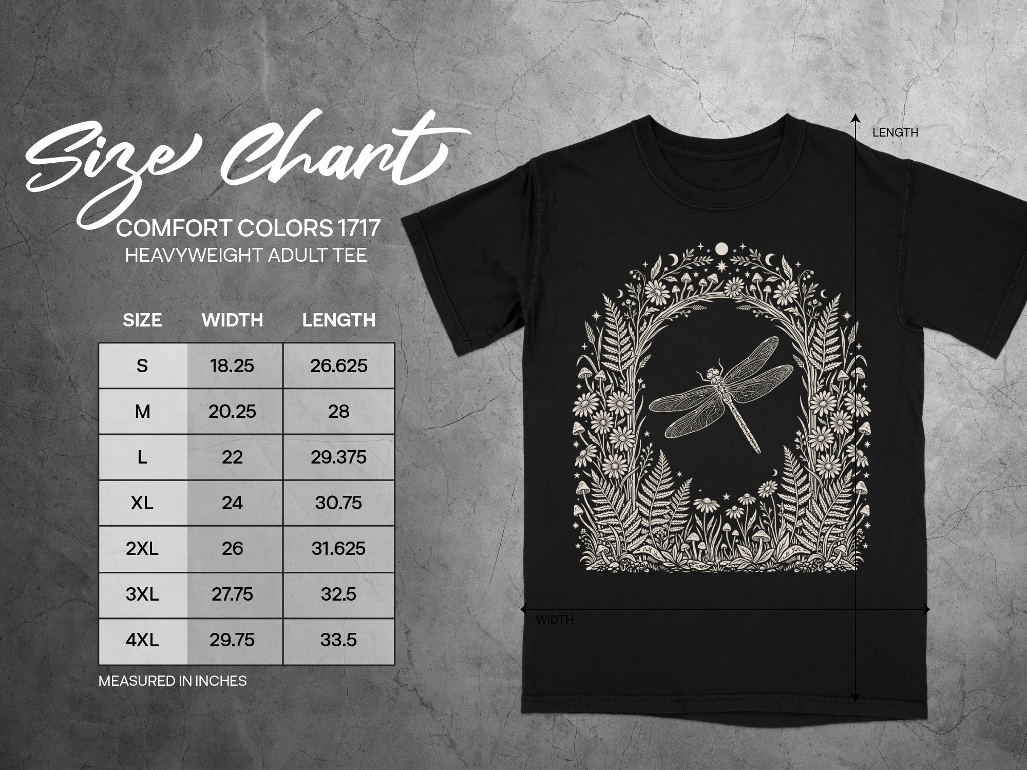 Comfort Colors 1717 heavyweight adult tee size chart with dragonfly graphic.