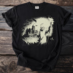 Black t-shirt with a graveyard, haunted house, and robed figure graphic.