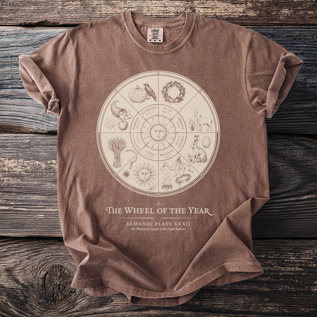 Brown t-shirt with the "Wheel of the Year" design and Almanac Plate XXXII text.