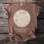 Brown t-shirt with the "Wheel of the Year" design and Almanac Plate XXXII text.
