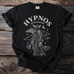 Black t-shirt with "Hypnos greek god of sleep" and winged figure illustration.