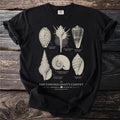 Black t-shirt with scientific illustration of seashells and text "The Conchologist's Cabinet".