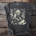 Dark grey t-shirt with a cream graphic of a ghostly figure looming over a sleeping person with bats.