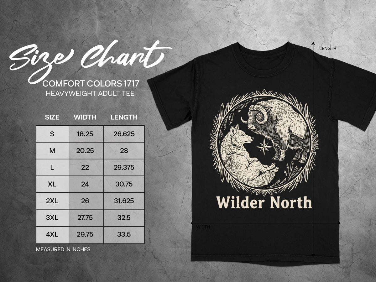 Comfort Colors 1717 heavyweight adult tee size chart with width and length measurements.