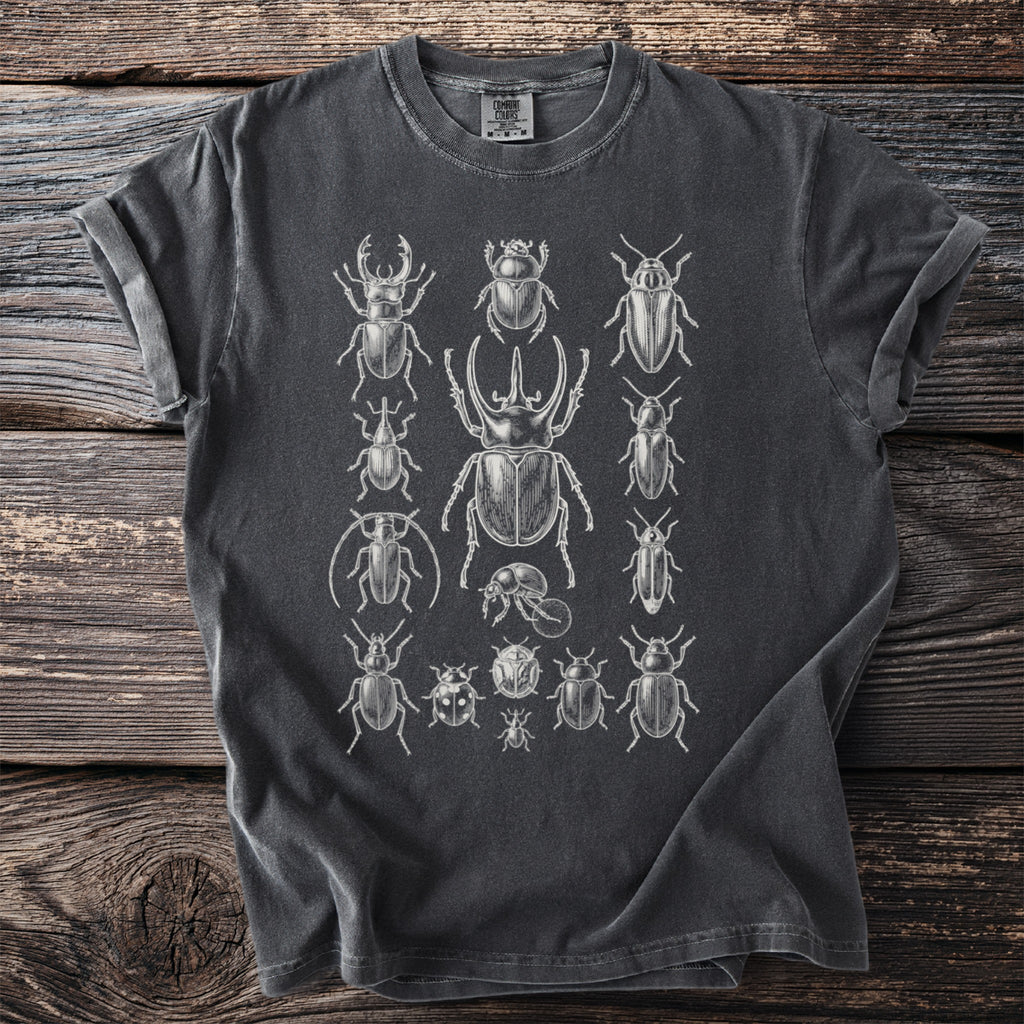 Dark grey t-shirt featuring a vintage illustration of various beetles.