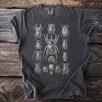 Dark grey t-shirt featuring a vintage illustration of various beetles.