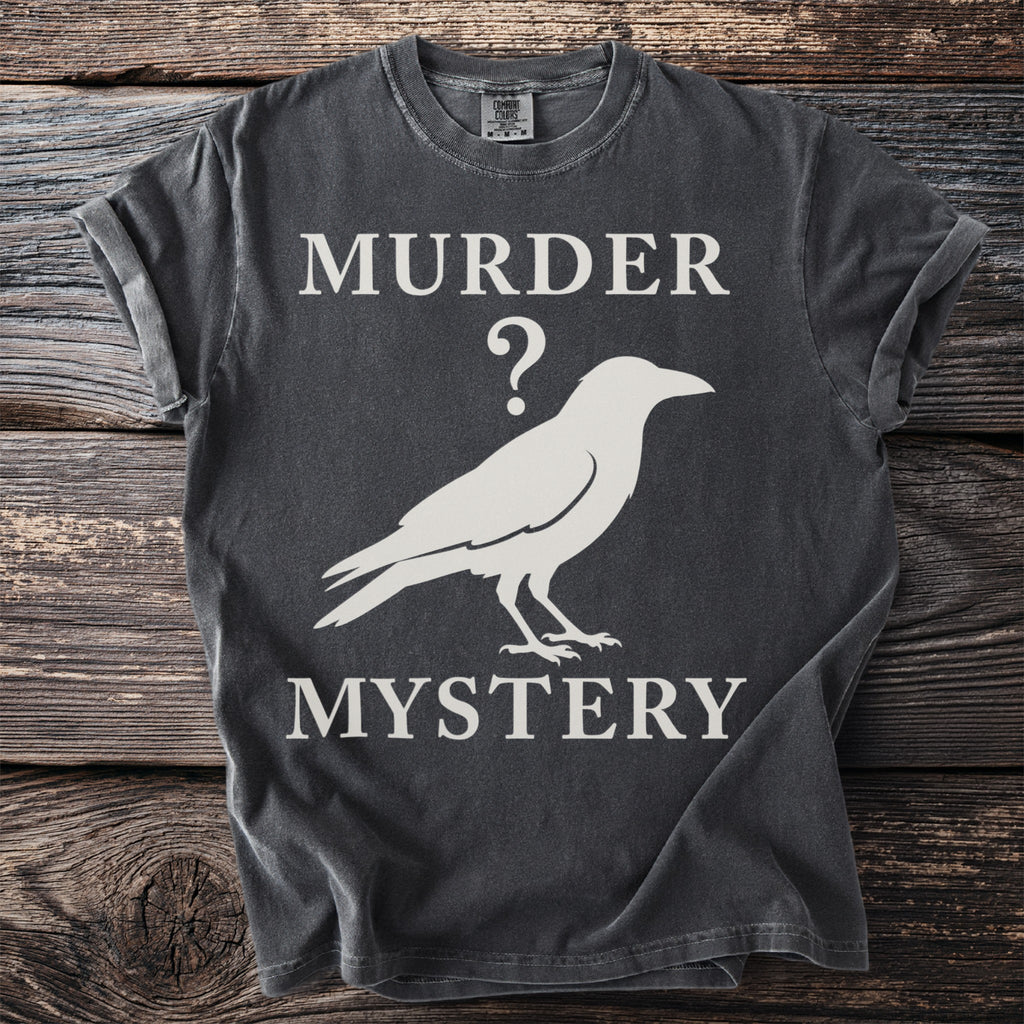 Dark grey t-shirt with white text "MURDER ?" and a crow silhouette, "MYSTERY".