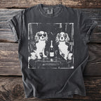 T-shirt with a black and white graphic of two Cavalier King Charles Spaniels with champagne.