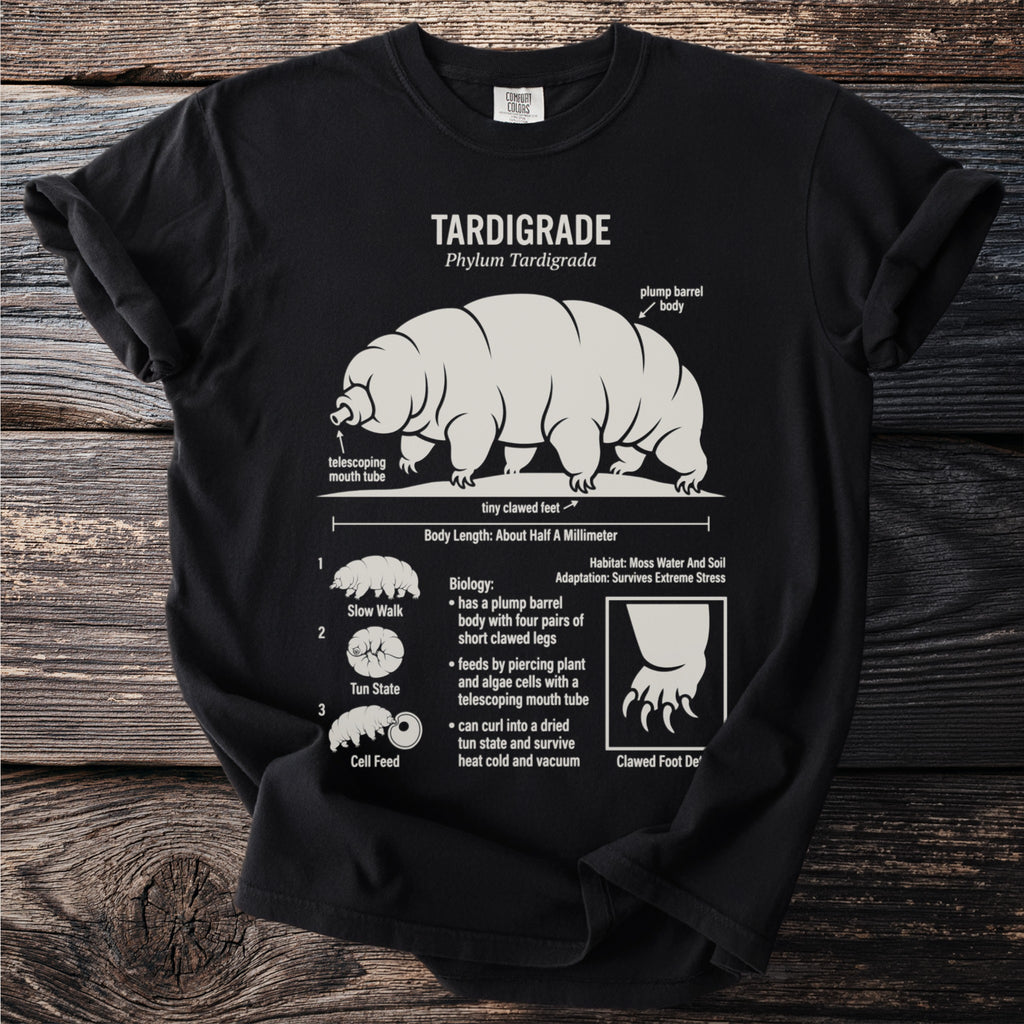 Black t-shirt featuring a white diagram and text about the tardigrade.