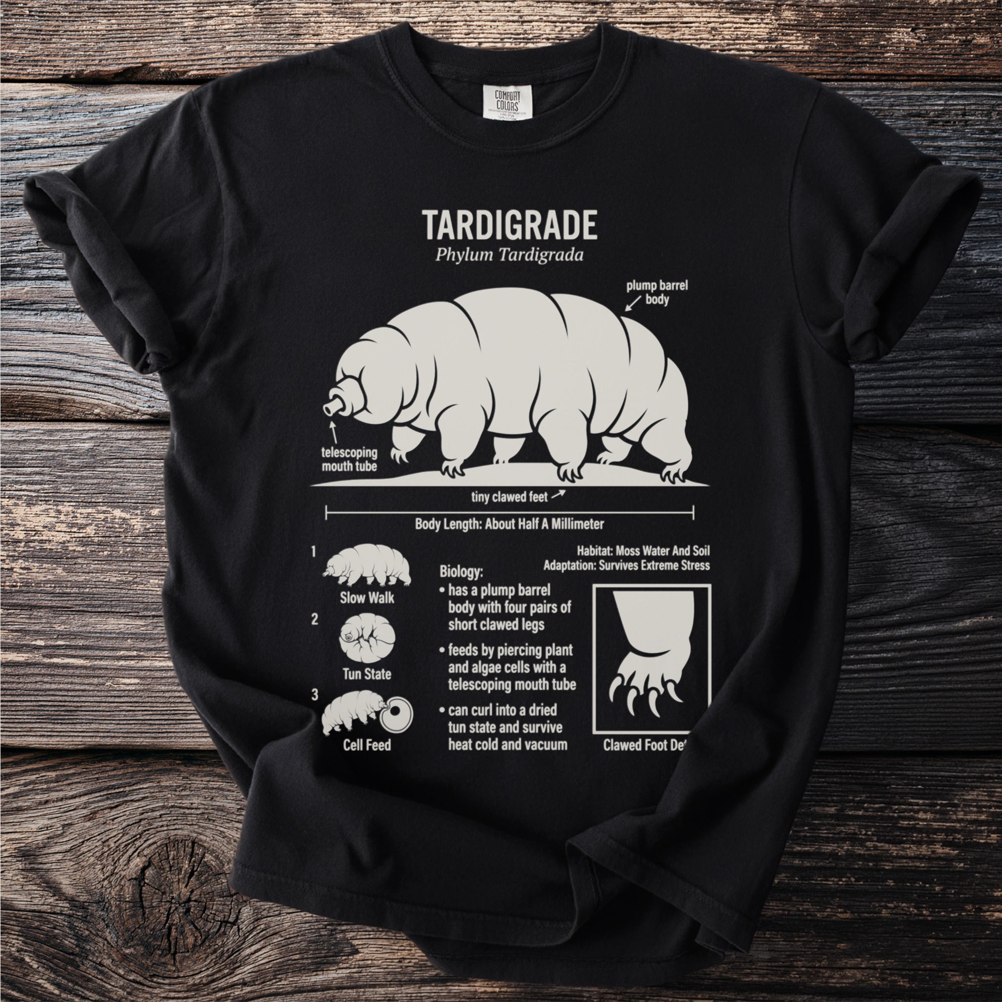 Black t-shirt featuring a white diagram and text about the tardigrade.