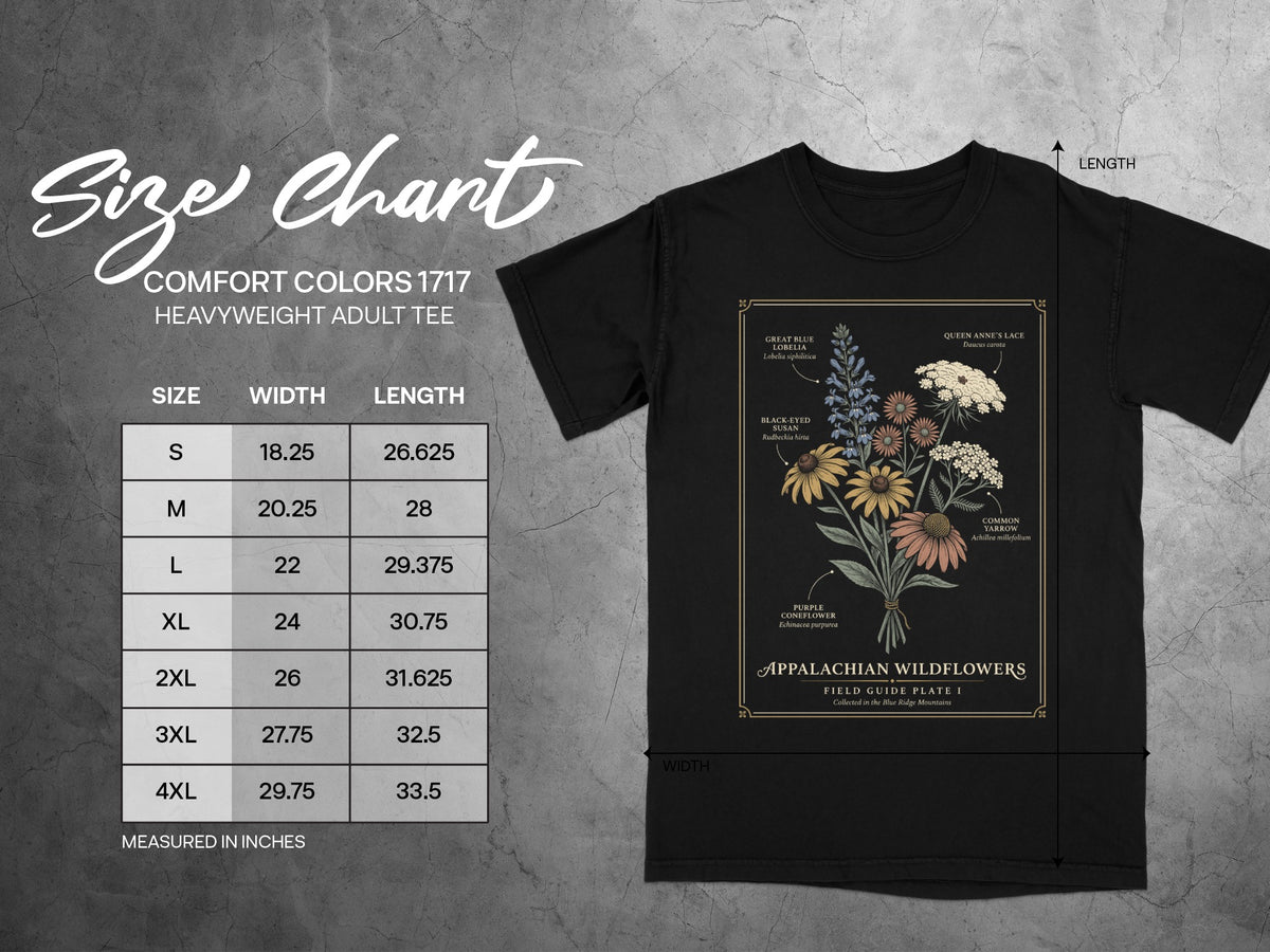 Comfort Colors 1717 heavyweight adult tee size chart with wildflower print.