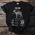 Dik-dik diagram on a black t-shirt detailing features like oversized eyes and tiny hooves.