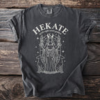 Dark gray t-shirt with white graphic of Hekate, Greek night witch goddess.