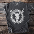 Dark t-shirt with white deer skull, roses, and skulls wreath graphic.