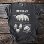 T-shirt with a diagram of a tardigrade detailing its features and resilience.